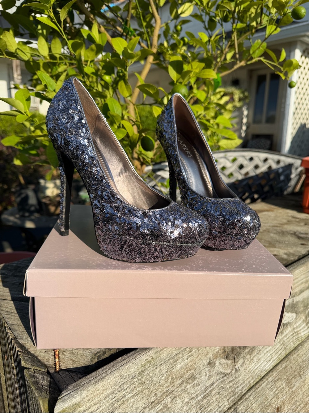 2010 Bakers Pewter Sequin Platform High Heels  8M